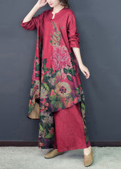 Loose Red Asymmetrical Print Silk Dress And Wide Leg Pants Two Pieces Set