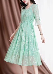 Women Green V Neck Embroideried Drawstring Silk Vacation Dresses Flare Sleeve