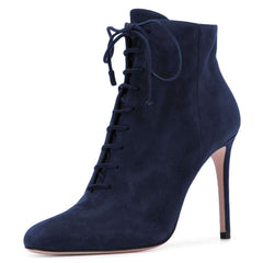 Navy Vegan Suede Stiletto Heel Lace Up Boots