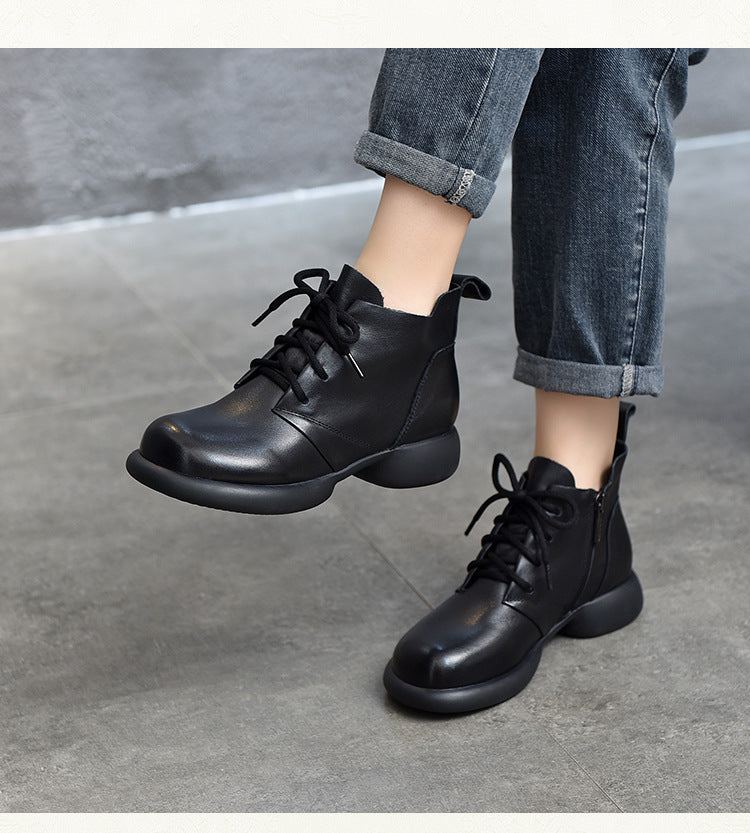 Vintage Leather Round Toe Lace-Up Boots