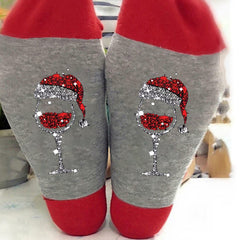 Christmas Colorblock Shiny Santa Hat Wine Glass Print Crew Socks