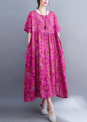 Elegant Rose Print Patchwork Cotton Cozy Long Dress Short Sleeve