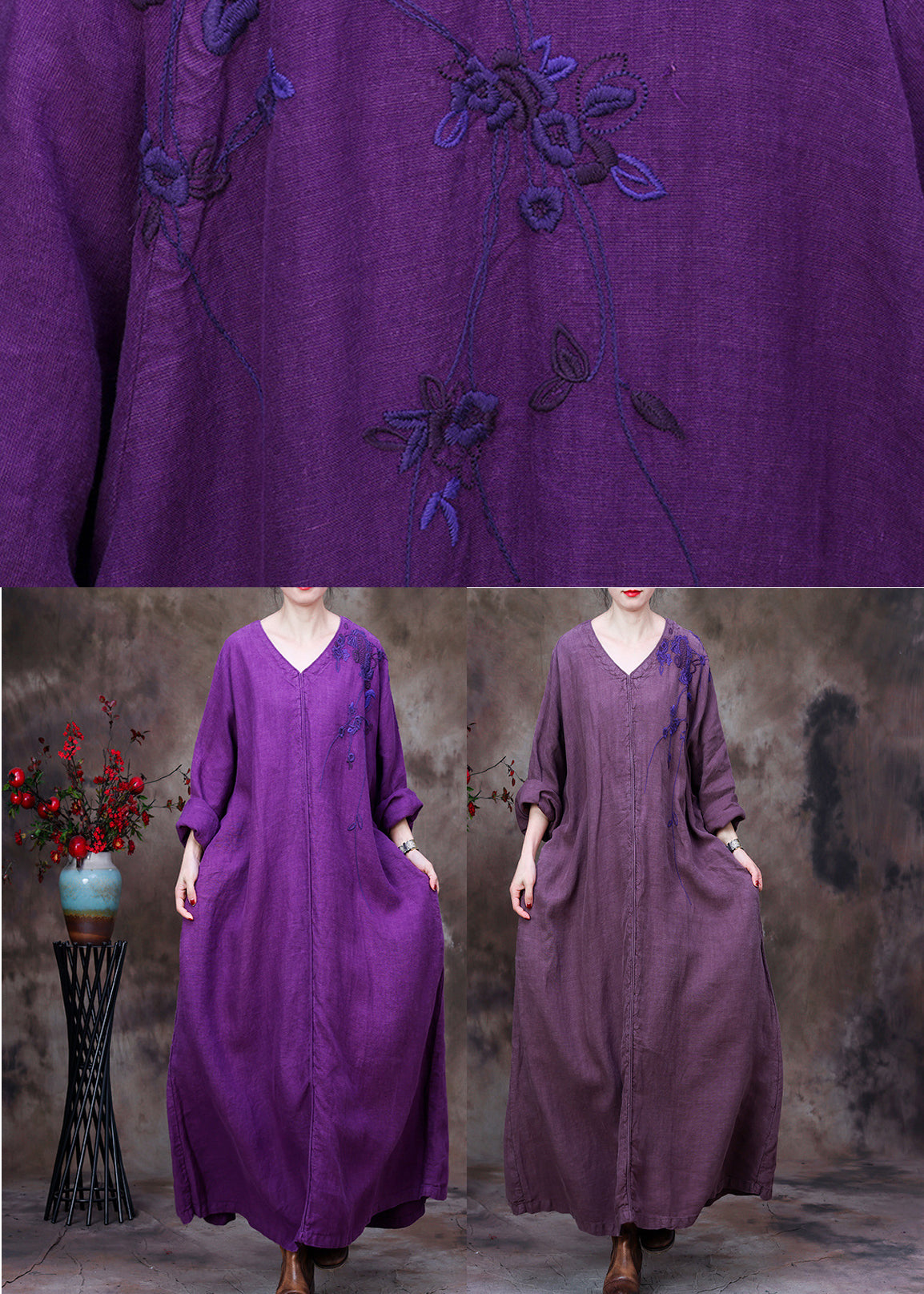 Vintage Llight Purple V Neck Asymmetrical Patchwork Linen Ankle Dress Long