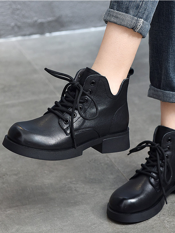 Vintage Leather Lace-Up Mid-Heel Boots