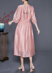 Modern Pink Embroideried Cinched Silk Holiday Dress Summer