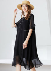 Modern Black O-Neck Ruffles Lace Up Chiffon Long Dress Summer