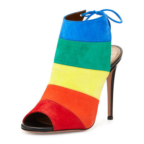 Rainbow Slingback Peep Toe Summer Boots Vegan Suede Stilettos Ankle Boots