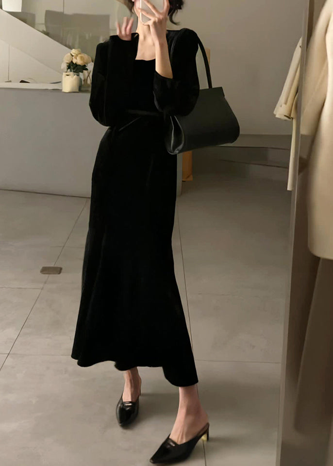 Slim Fit Black Square Collar Silk Velvet Long Dresses Long Sleeve