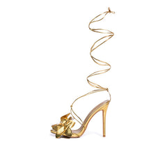 Gold Open Toe Flower Sandal Women's Elegant Stiletto Heels Evening Wrapped Shoes