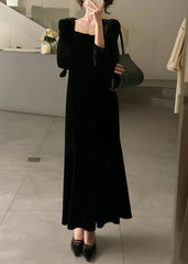 Slim Fit Black Square Collar Silk Velvet Long Dresses Long Sleeve