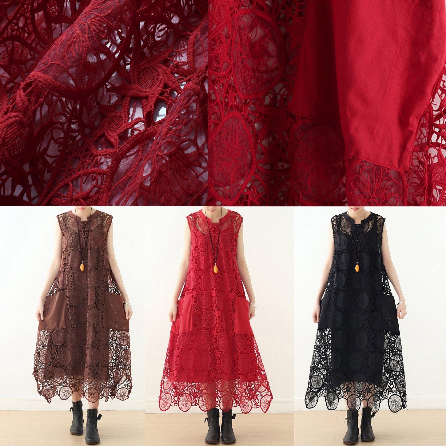 Handmade red hollow out cotton Tunics big pockets summer Dresses