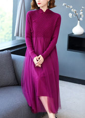 Loose Rose Button Tulle Patchwork Long Sweater Dress Fall