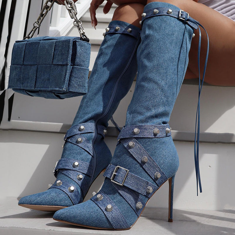 Blue Studded Strappy Buckled Stiletto Heel Knee-High Denim Boots