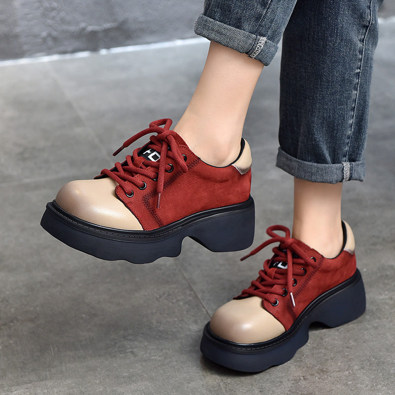 Casual Leather Thick Sole Colour Block Shoes