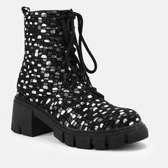 Glitter Sequin Lace Up Chunky Heel Ankle Boots