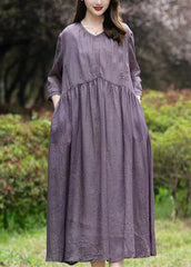 Purple Patchwork Linen Dress V Neck Embroideried Wrinkled Summer