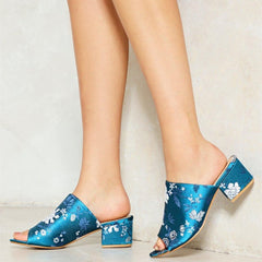 Blue Embroidery Block Heels Mule for Women