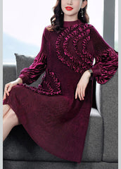 Stylish Rose Turtleneck Ruffled Patchwork Silk Velour Long Dress Fall