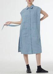 Art Blue Peter Pan Collar Tie Waist Patchwork Linen Shirts Dresses Short Sleeveless