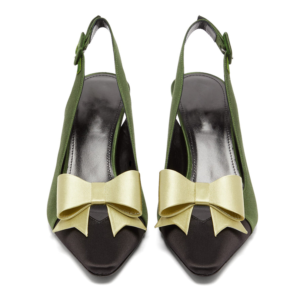 Olive Satin Pointy Toe Bow Slingback Pumps Kitten Heels Pumps