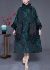 Italian Green Turtle Neck Patchwork Jacquard Silk Maxi Dresses Spring