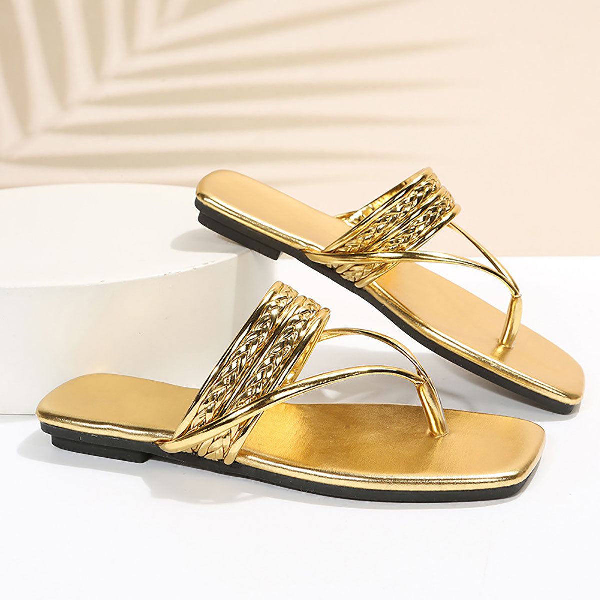 Metallic Sheen Flip-Flops Square Toe Beach Slippers