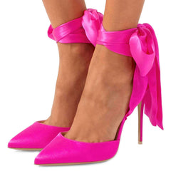 Fuchsia Satin Ankle Strap Tie Stiletto Heels Pumps