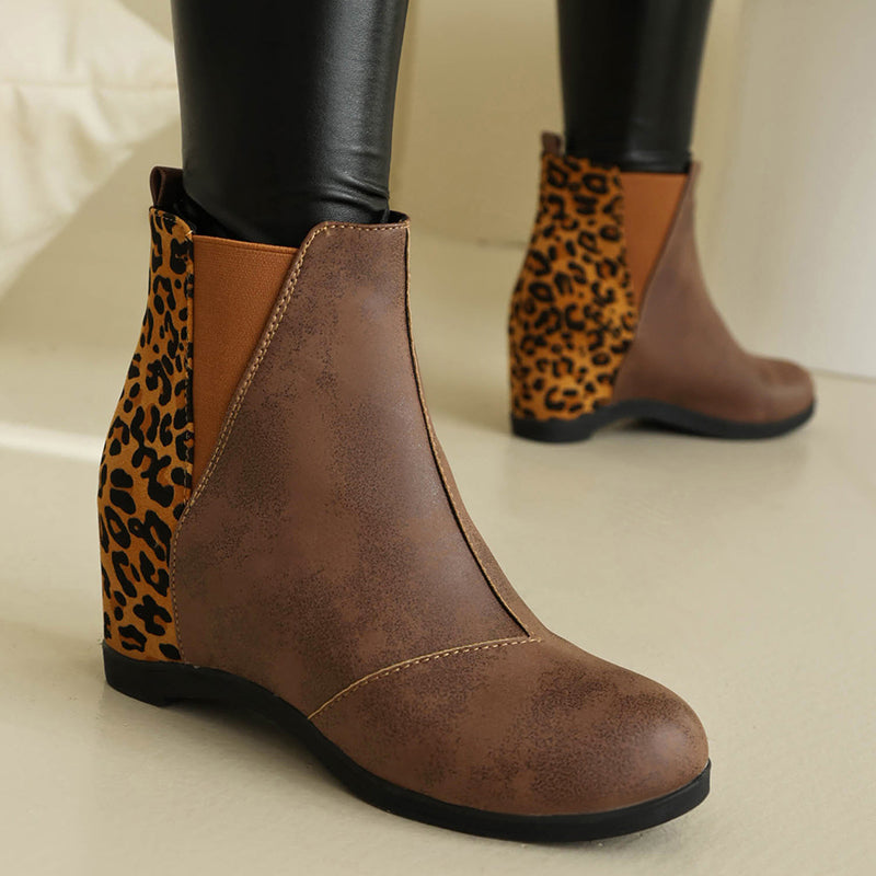 Leopard Print Patchwork Seam Retro Wedge Ankle Boots