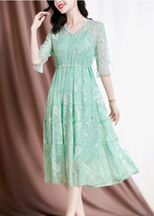 Women Green V Neck Embroideried Drawstring Silk Vacation Dresses Flare Sleeve