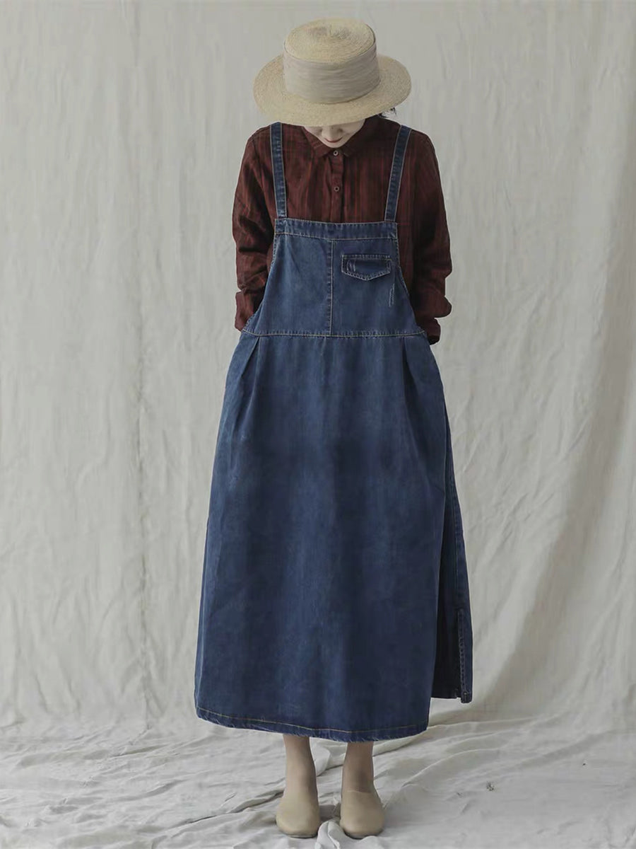 Women Spring Vintage Solid Pocket Overall Dress