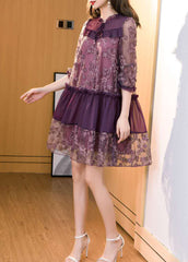 Casual Purple Embroidered Patchwork Chiffon Mini Dress Summer