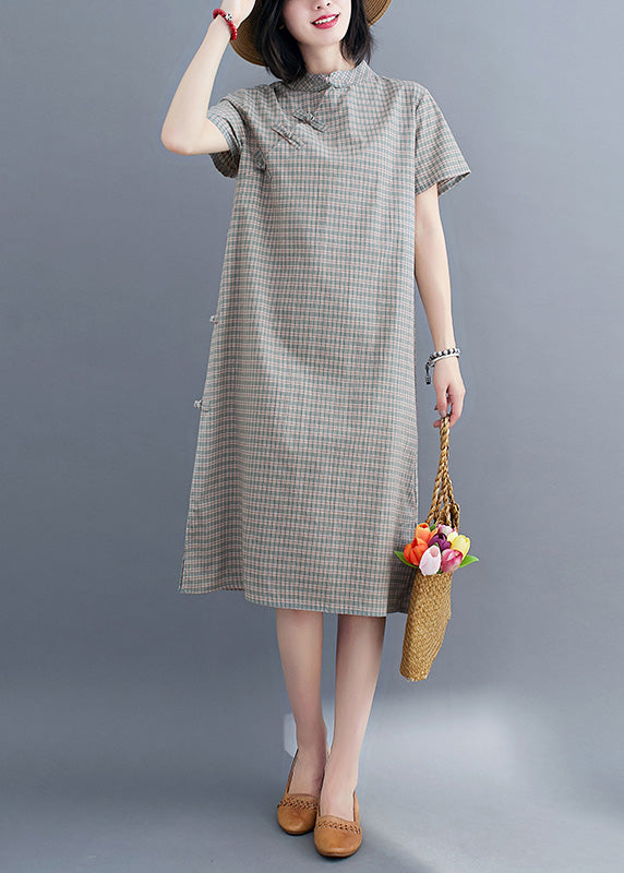 Natural Green Stand Collar Plaid Button Side Open Vacation Long Dresses Short Sleeve