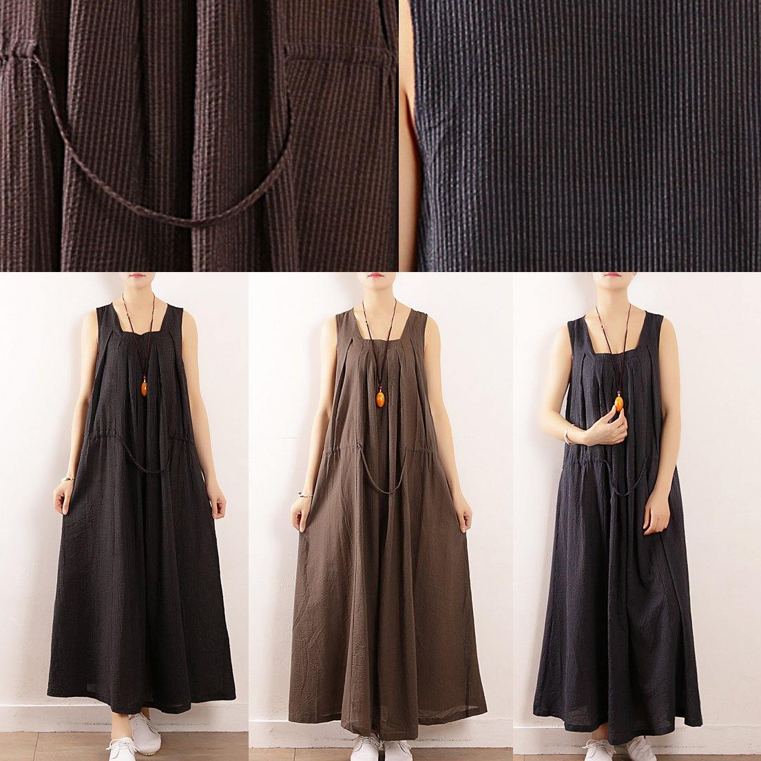 Elegant dark blue linen cotton Robes Fine Sewing Sleeveless drawstring Maxi Summer Dresses