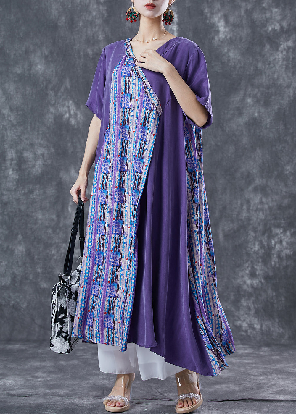 Art Purple Asymmetrical Patchwork Print Chiffon Dress Summer