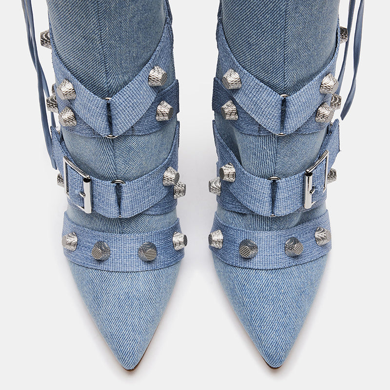 Blue Studded Strappy Buckled Stiletto Heel Knee-High Denim Boots