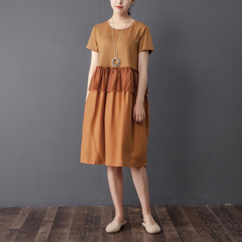 Splicing Round Neck Short Sleeve Orange Dress