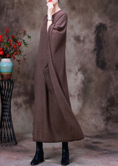 Women Light Coffee O-Neck Button Pockets Cashmere Maxi Dress Long Sleeve