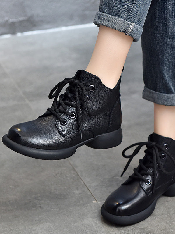 British Style Leather Lace-Up High Top Short Boots