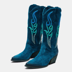 Teal Vegan Suede Gradient Flame Embroidered Mid-calf Cowgirl Boots