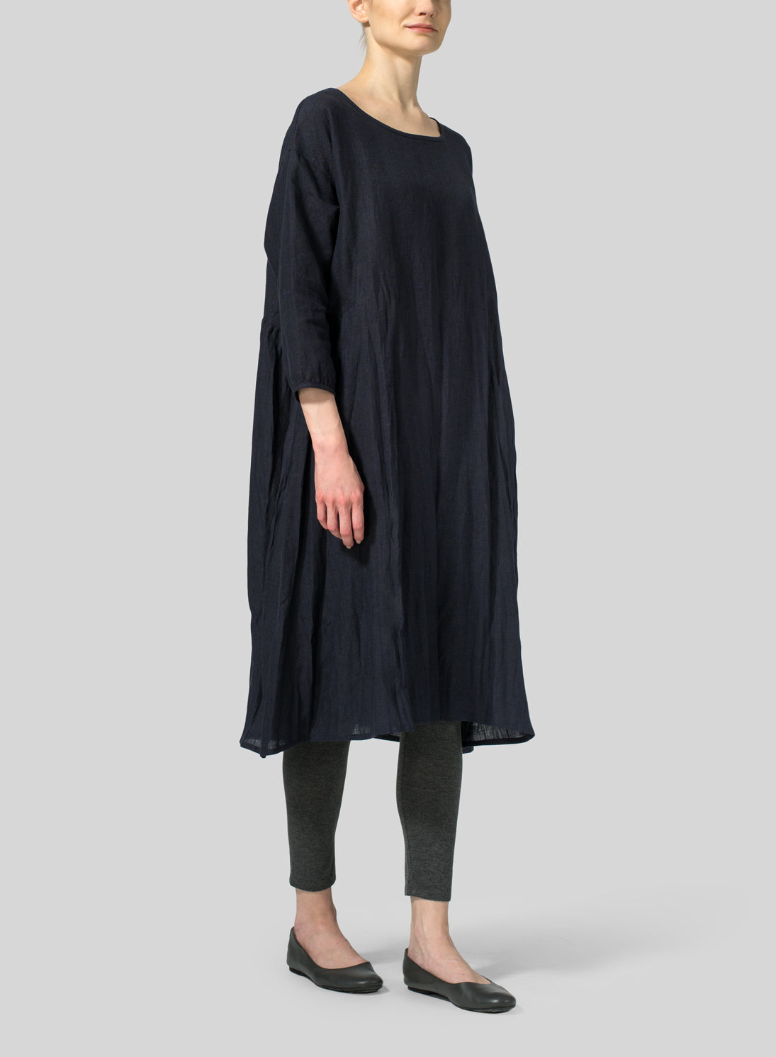 Womens Cotton Linen A-Line Round Neck Dress