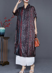 Women Red Oversized Print Silk Long Dress Summer