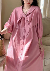 Loose Pink Lace Up Button Cotton Blouses Dress Long Sleeve