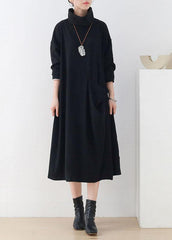 Handmade Black Loose Turtleneck Fall Cotton Dress Long sleeve