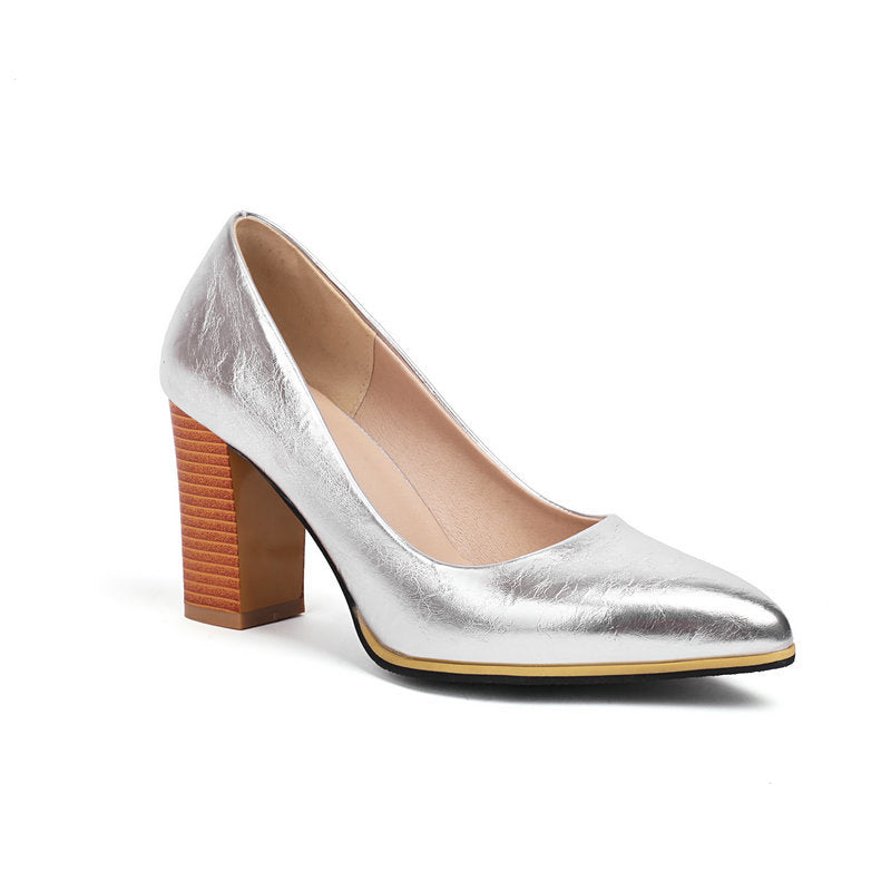 Elegant Metallic Sheen Solid Plain Pointy Toe Slip On Chunky Heels