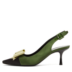 Olive Satin Pointy Toe Bow Slingback Pumps Kitten Heels Pumps