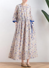 Literary small daisy mid-length dress waist ming 2021 new ramie printed