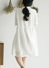 White Wrinkled Button Solid Ramie Mid Dress Half Sleeve