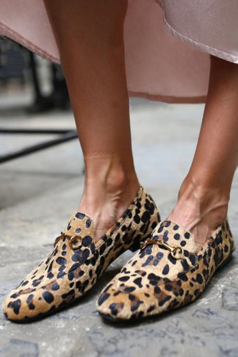 Faux Suede Leopard Print Buckle Decor Brown Loafers