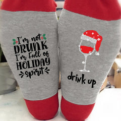 Christmas Santa Hat Red Wine Glass Letter Print Crew Socks