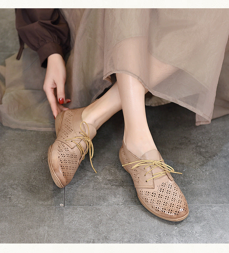 Literary Hollow Leather Flat Shoes